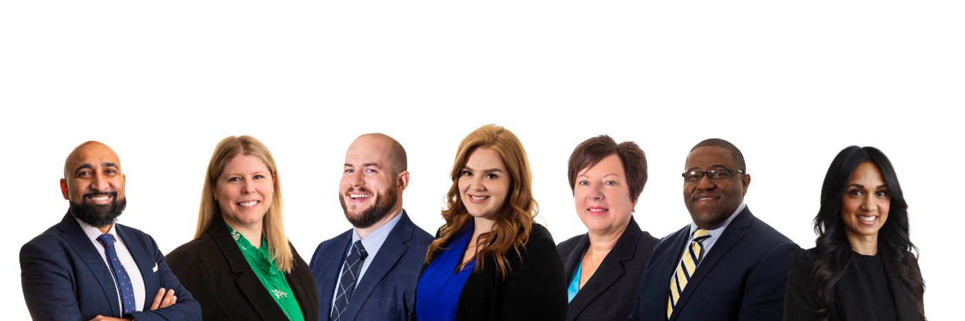 Operations Team on a white background. A row of people dressed professionally.